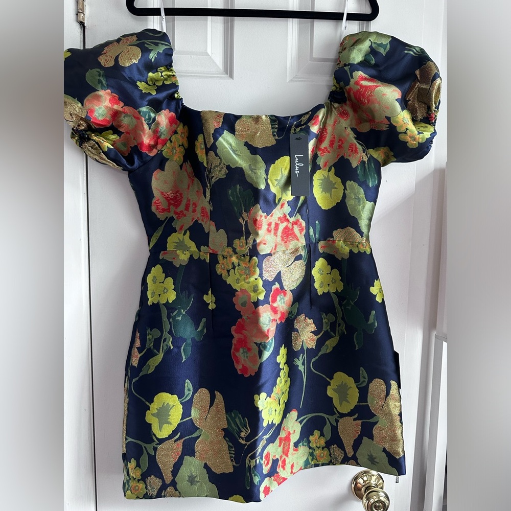 Navy Blue Floral Jacquard Puff Sleeve Mini Dress